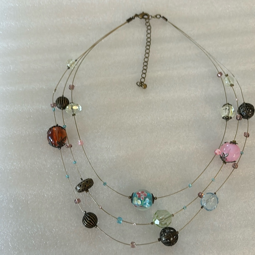 Glass bead and silver 3 strand necklace
